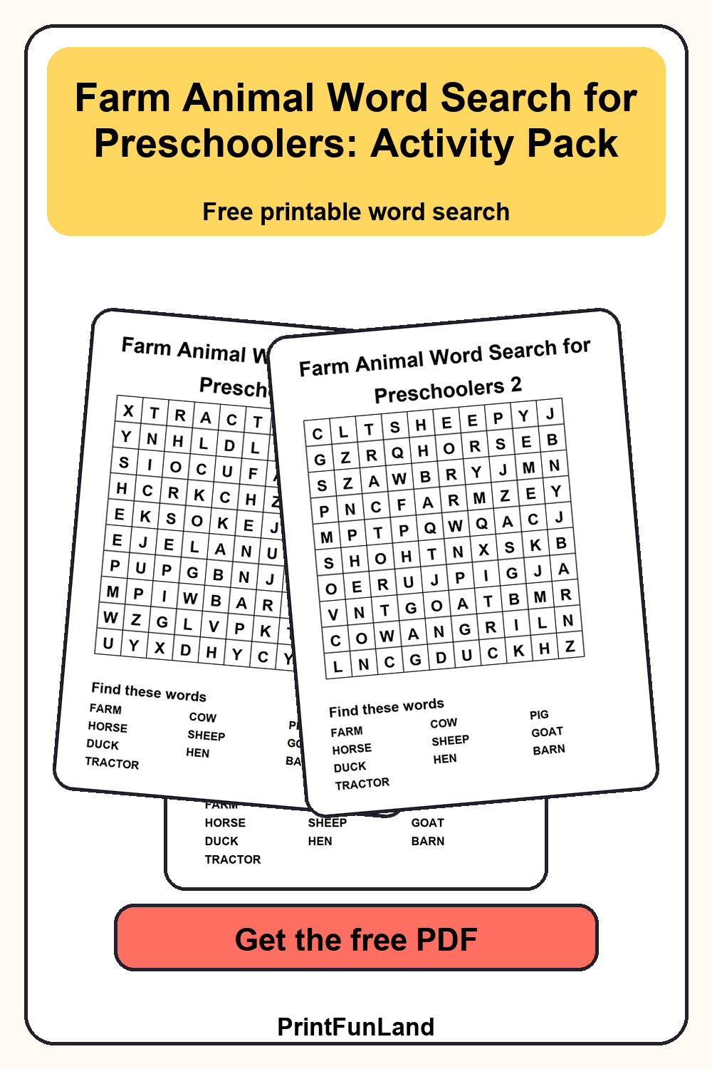 Farm Animal Word Search for Preschoolers Pinterest preview