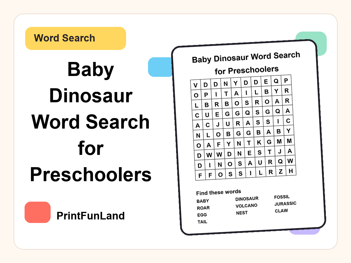 Baby Dinosaur Word Search for Preschoolers printable preview
