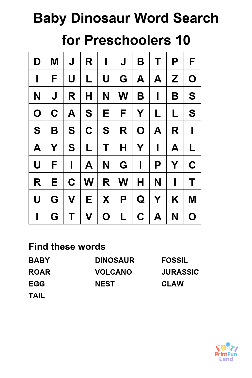 Baby Dinosaur Word Search for Preschoolers printable page 10