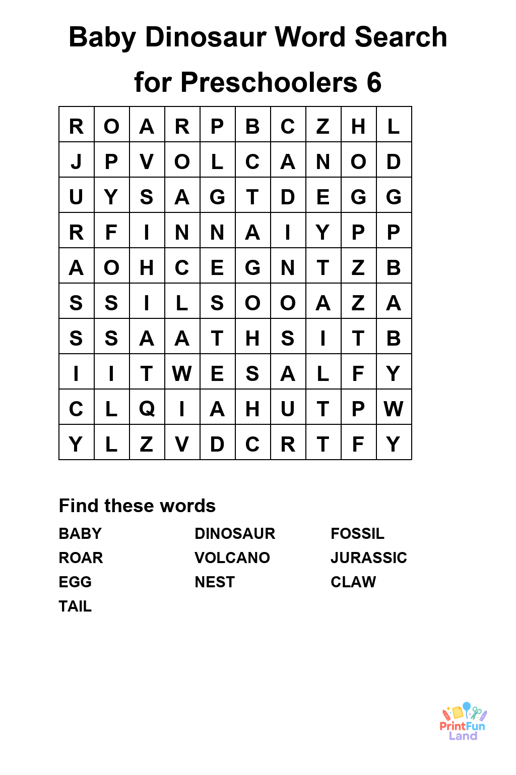 Baby Dinosaur Word Search for Preschoolers printable page 6