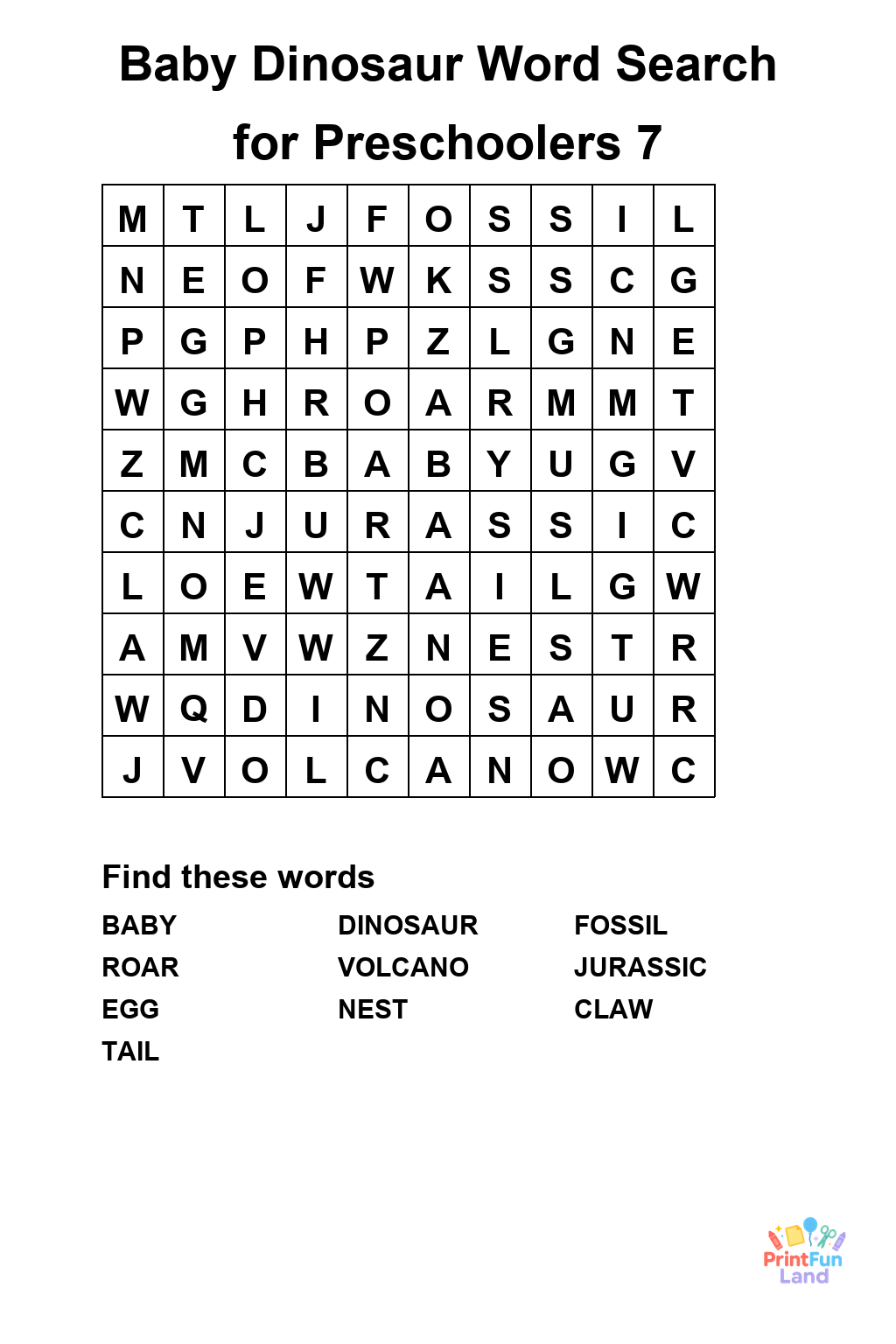 Baby Dinosaur Word Search for Preschoolers printable page 7
