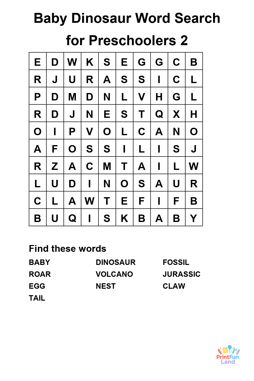 Baby Dinosaur Word Search for Preschoolers printable page 2