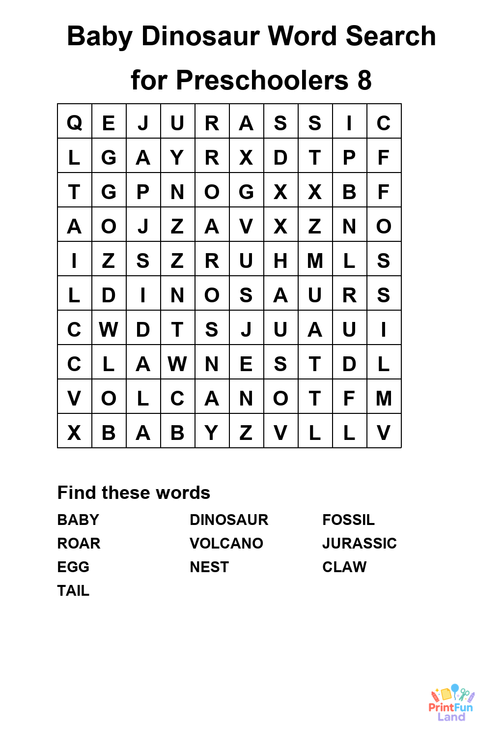 Baby Dinosaur Word Search for Preschoolers printable page 8