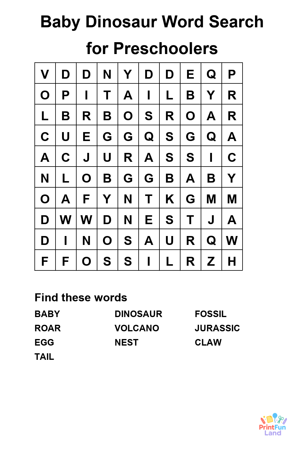 Baby Dinosaur Word Search for Preschoolers printable page 1