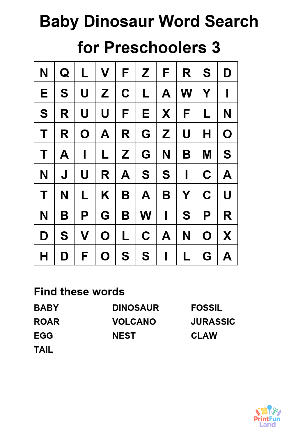 Baby Dinosaur Word Search for Preschoolers printable page 3