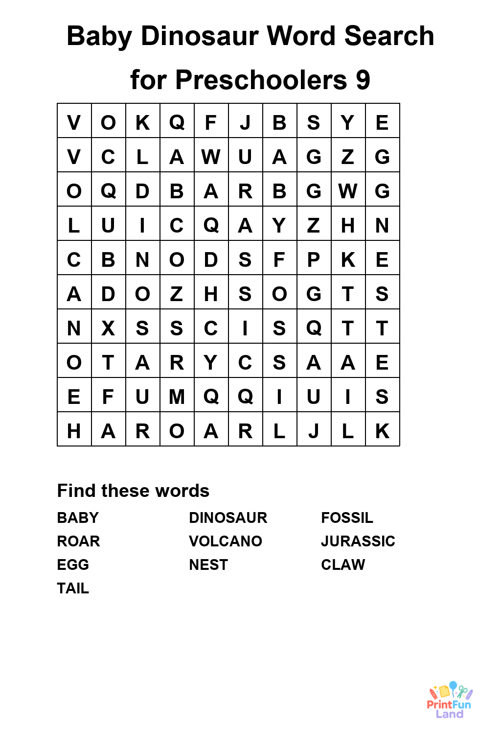 Baby Dinosaur Word Search for Preschoolers printable page 9