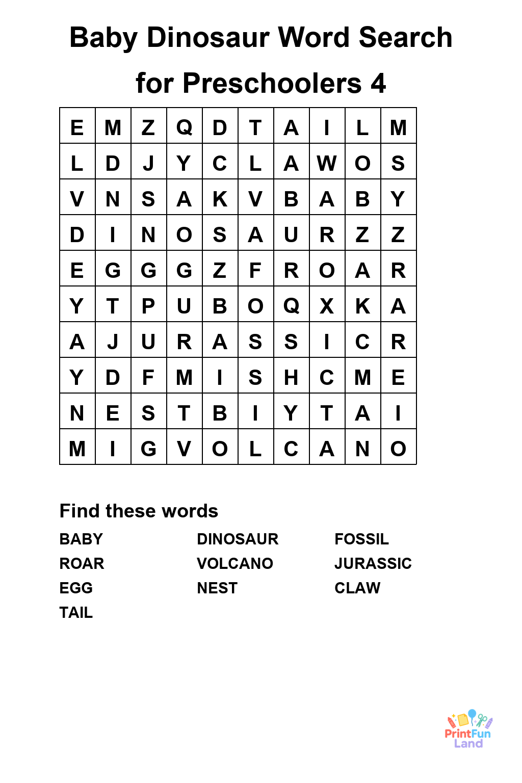 Baby Dinosaur Word Search for Preschoolers printable page 4