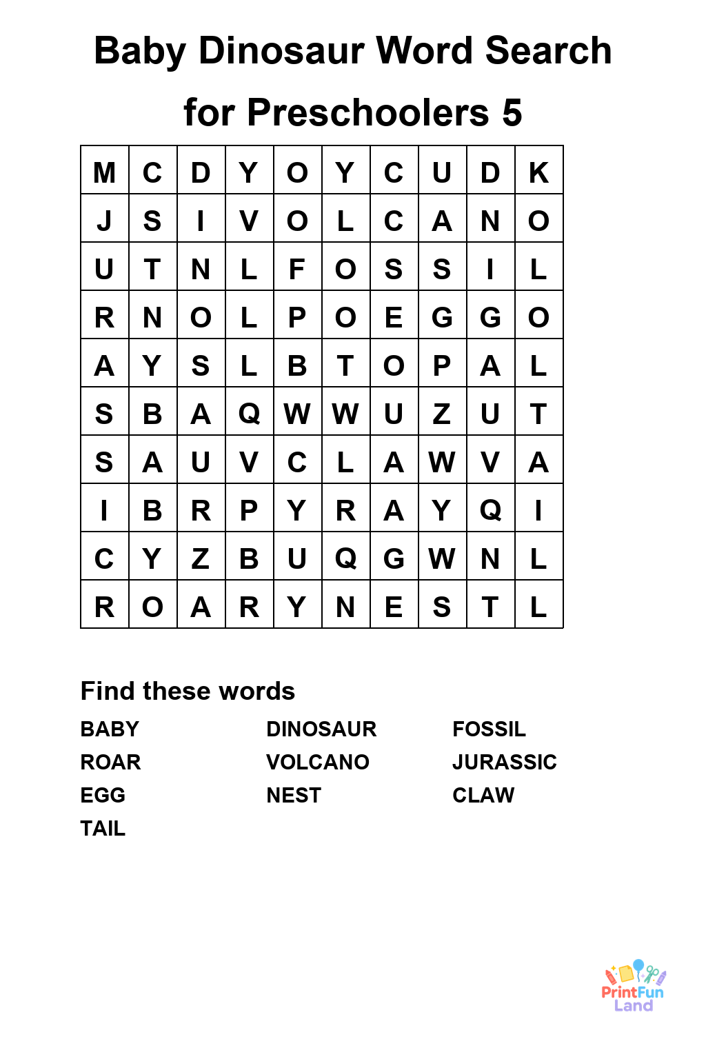 Baby Dinosaur Word Search for Preschoolers printable page 5