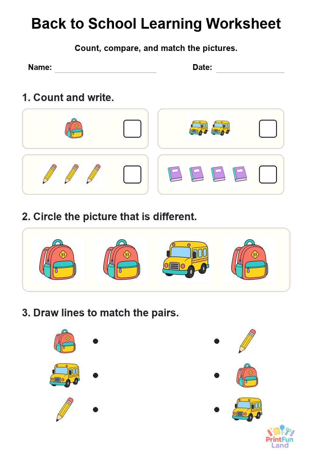 Back to School Worksheets for Preschoolers printable page 1