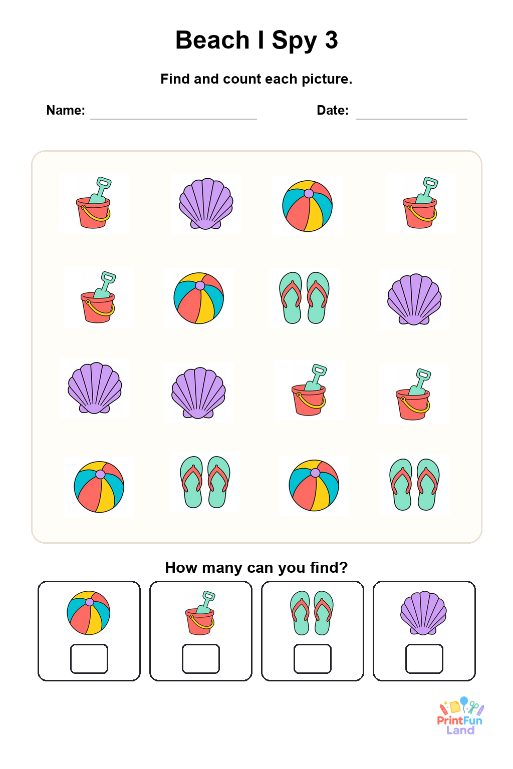 Beach I Spy for Preschoolers printable page 3