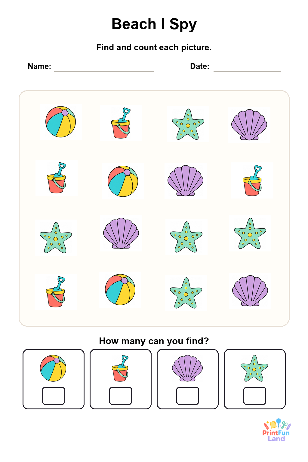Beach I Spy for Preschoolers printable page 1