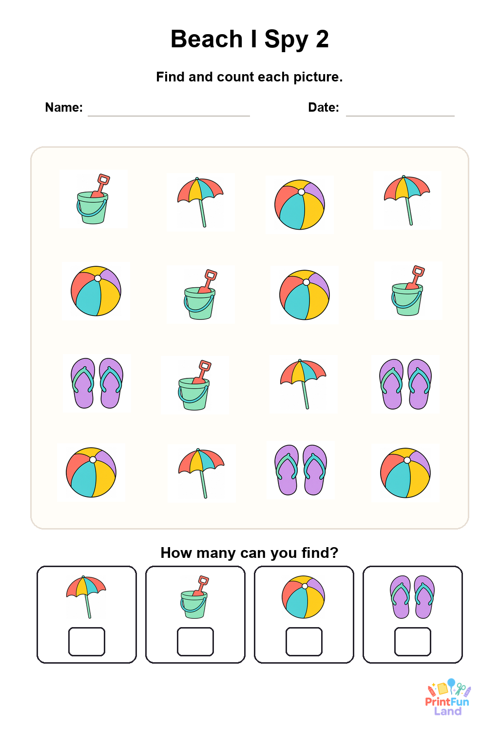Beach I Spy for Preschoolers printable page 2