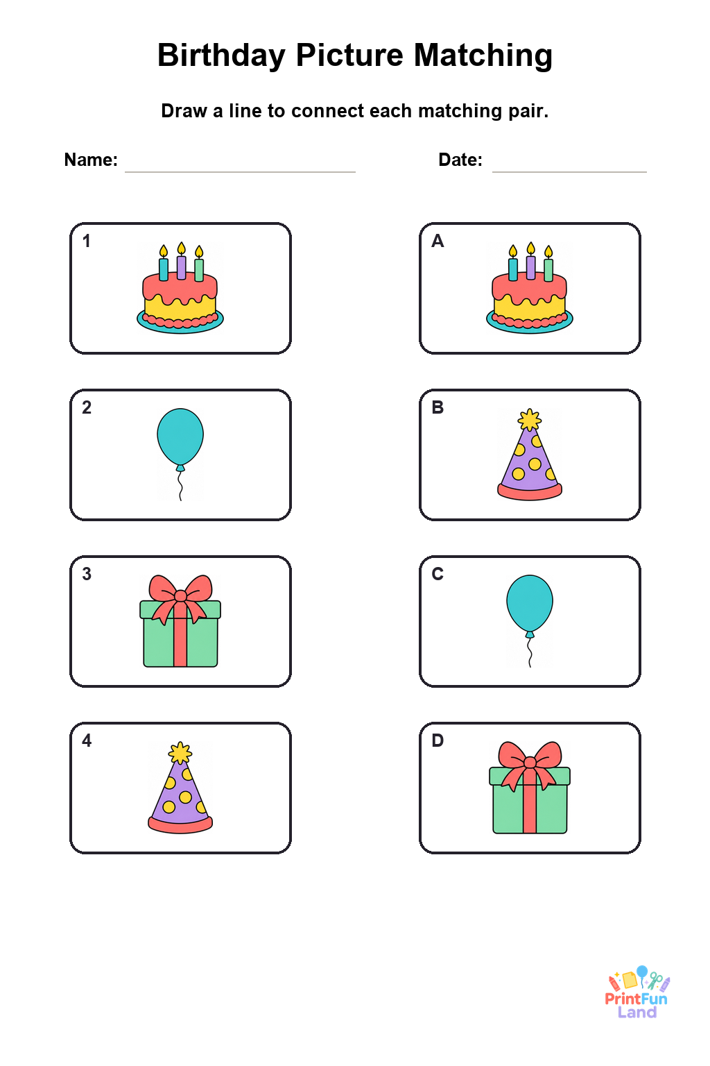 Birthday Matching Games for Preschoolers printable page 3
