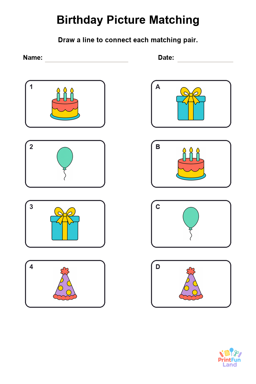Birthday Matching Games for Preschoolers printable page 2