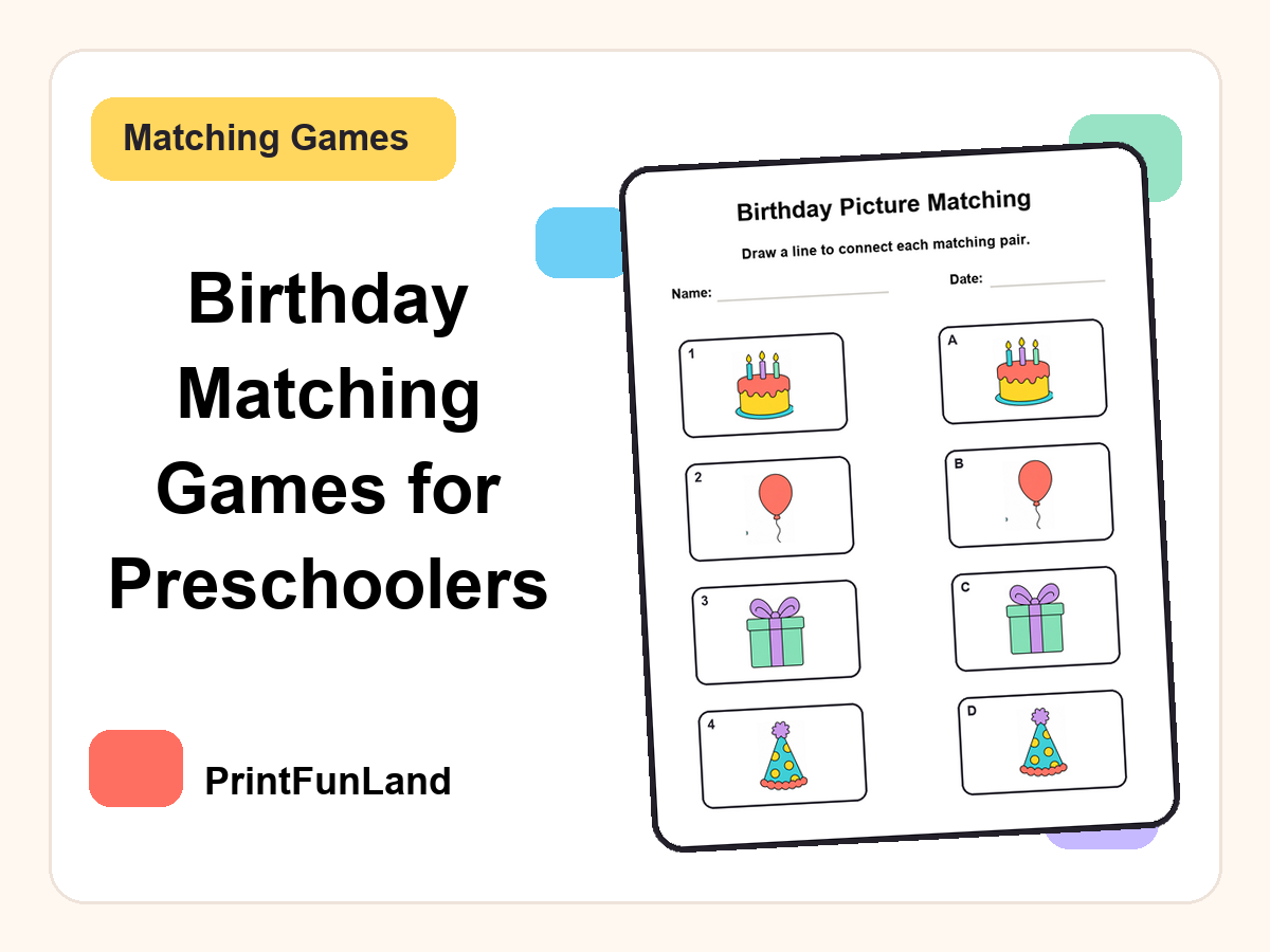 Birthday Matching Games for Preschoolers printable preview