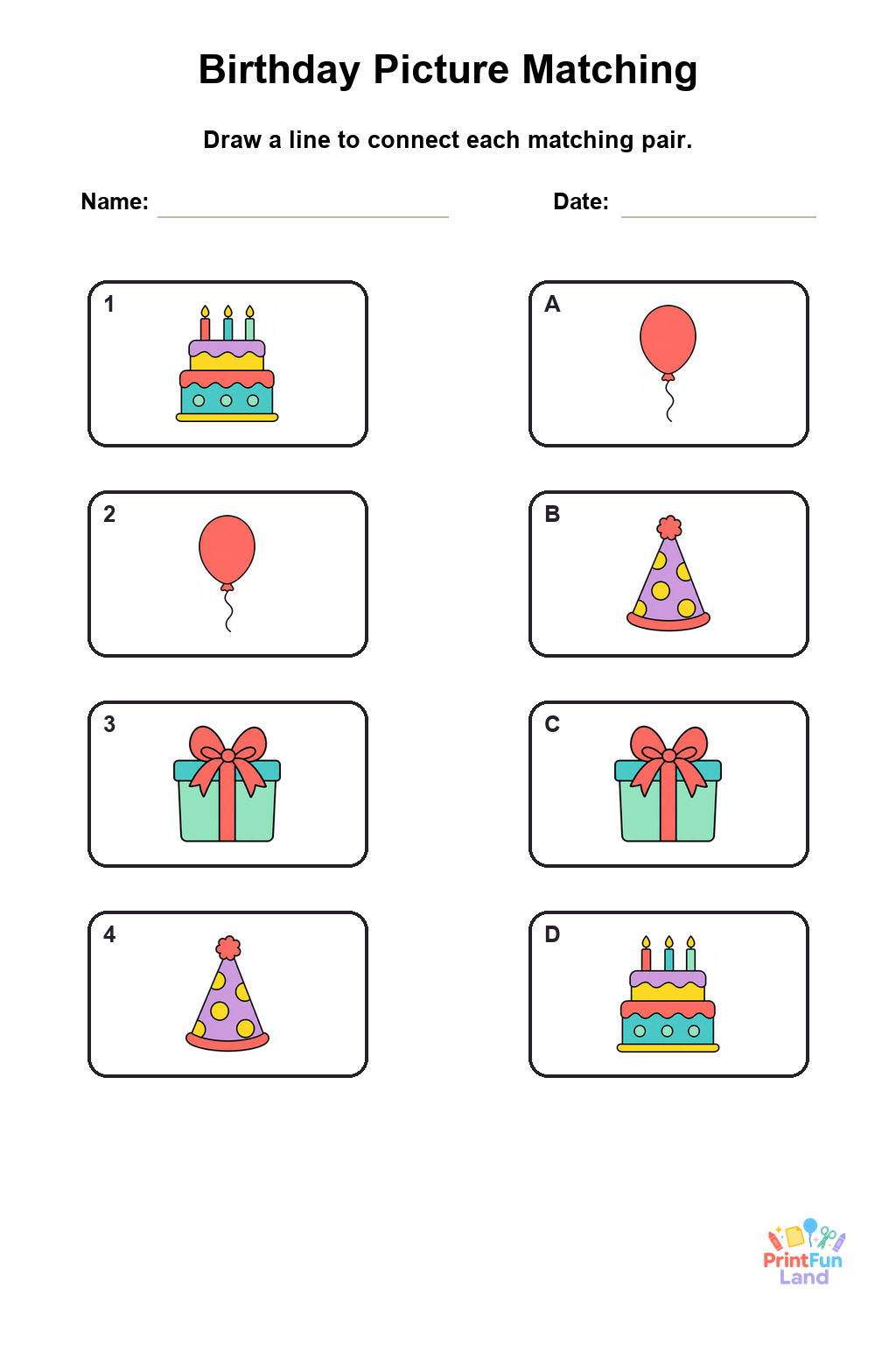 Birthday Matching Games for Preschoolers printable page 4