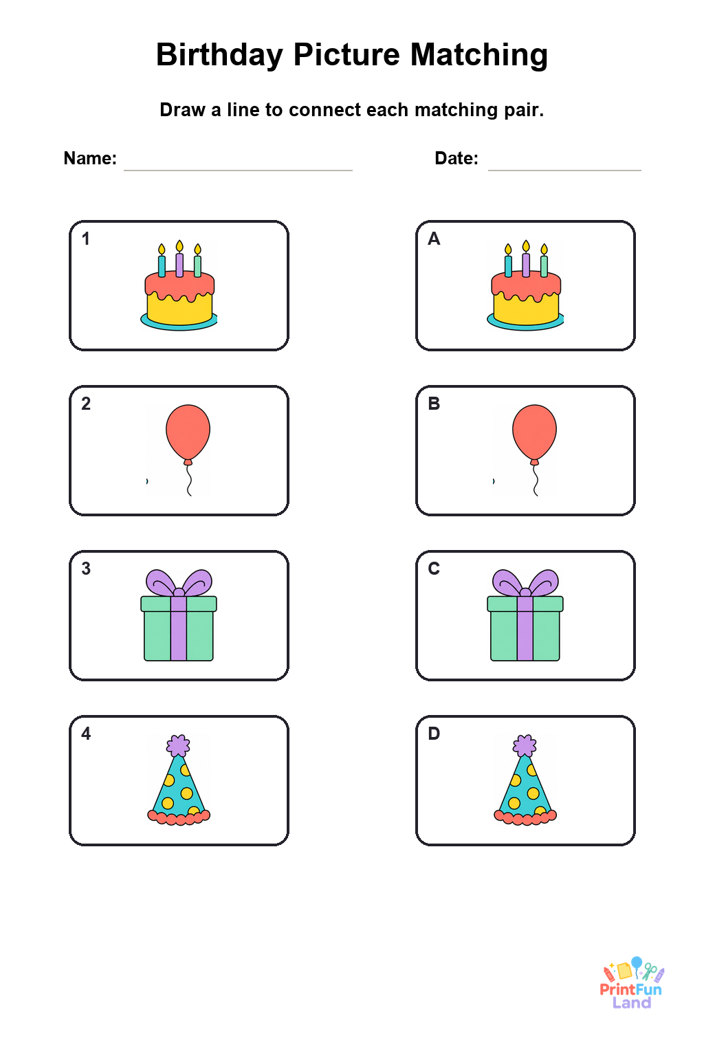 Birthday Matching Games for Preschoolers printable page 1