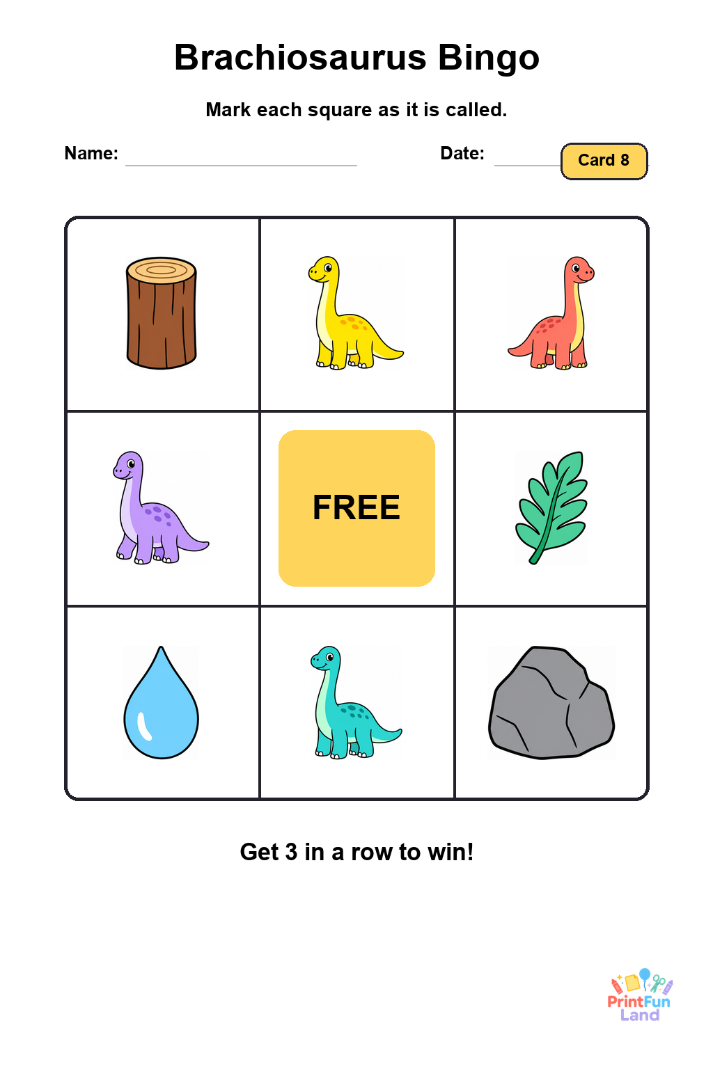 Brachiosaurus Bingo for Preschoolers printable page 8