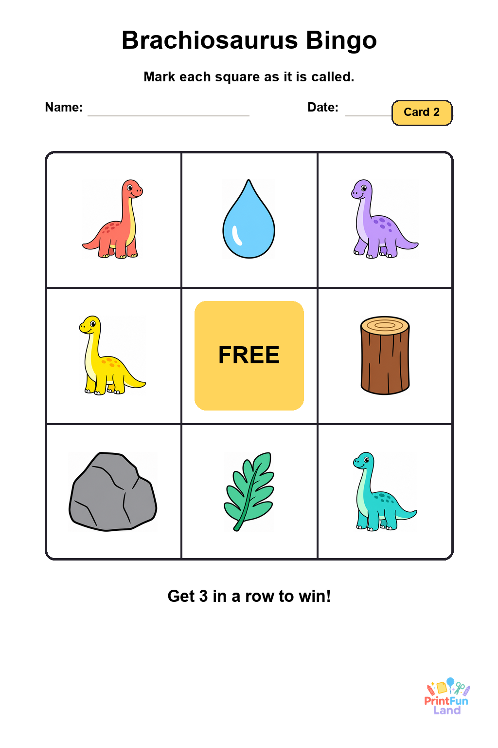 Brachiosaurus Bingo for Preschoolers printable page 2