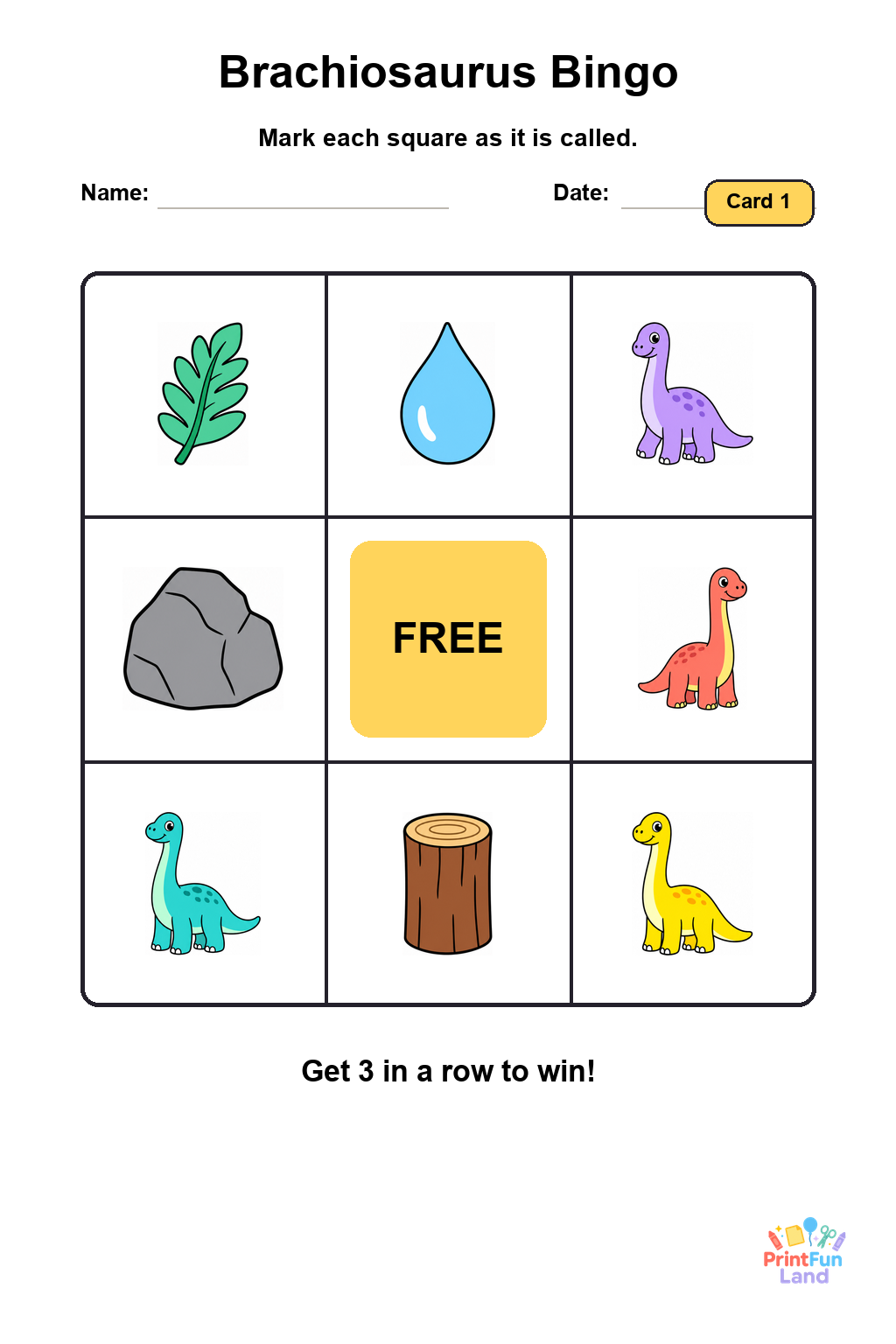 Brachiosaurus Bingo for Preschoolers printable page 1