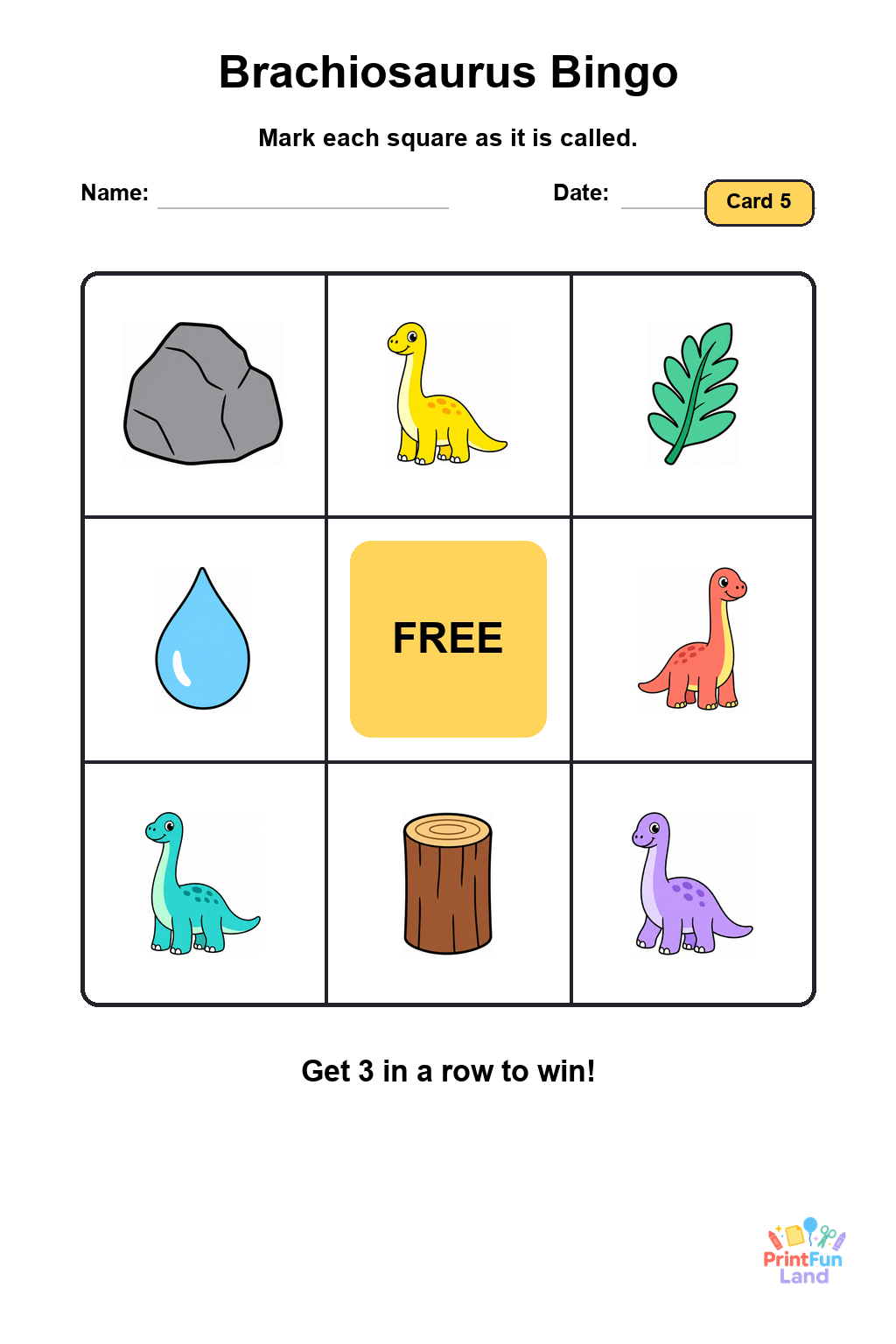 Brachiosaurus Bingo for Preschoolers printable page 5