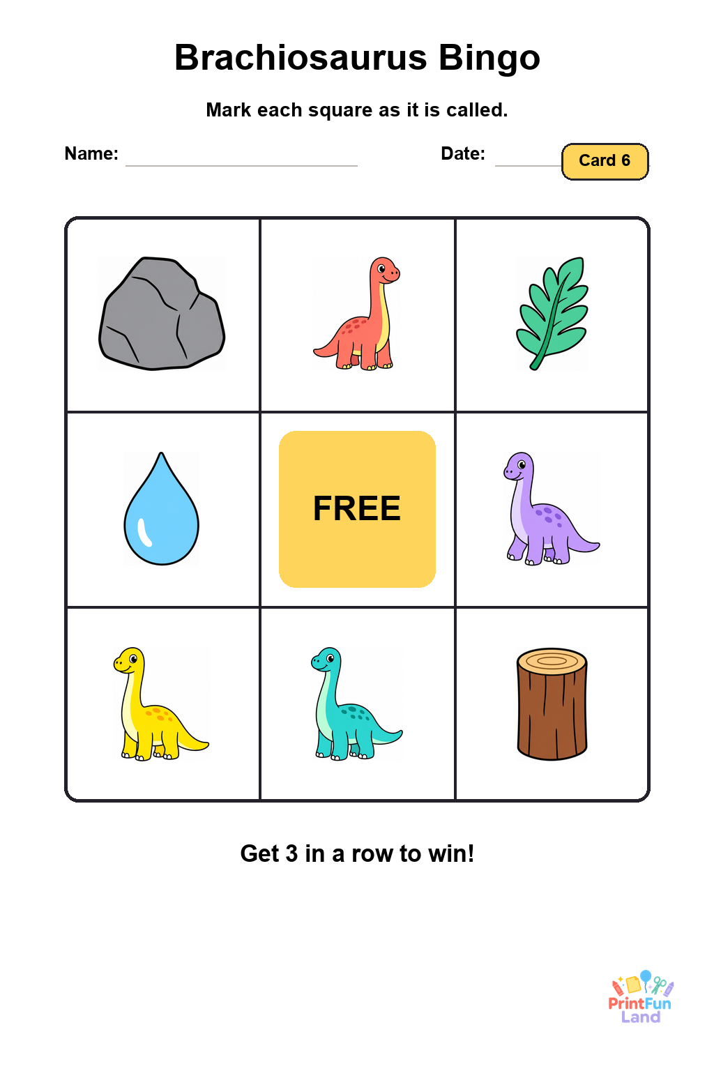 Brachiosaurus Bingo for Preschoolers printable page 6