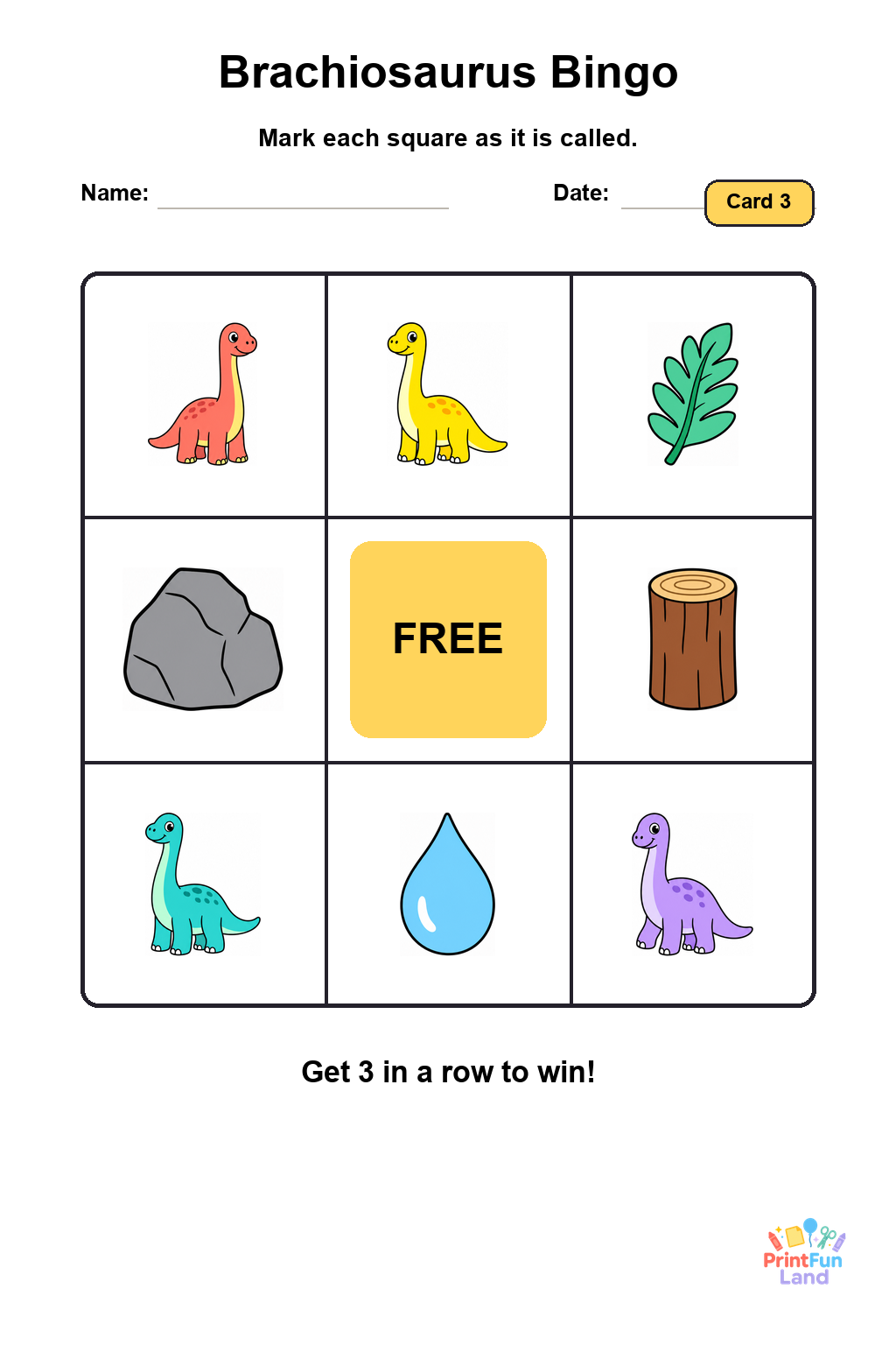 Brachiosaurus Bingo for Preschoolers printable page 3