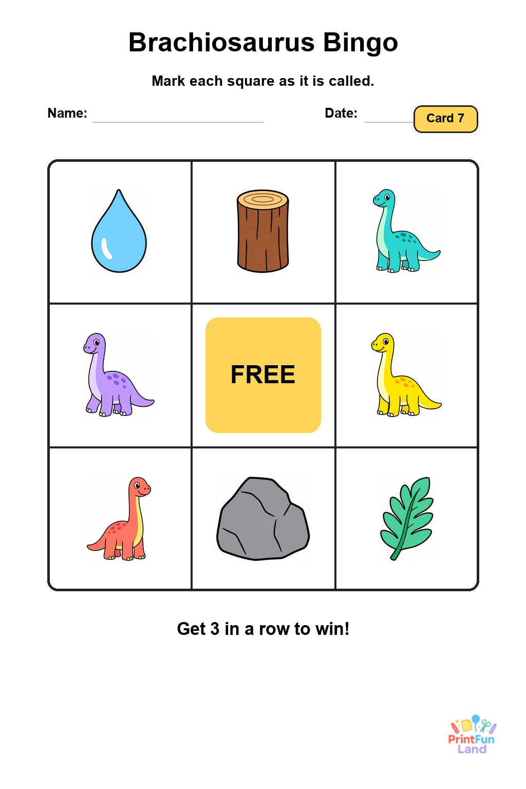 Brachiosaurus Bingo for Preschoolers printable page 7