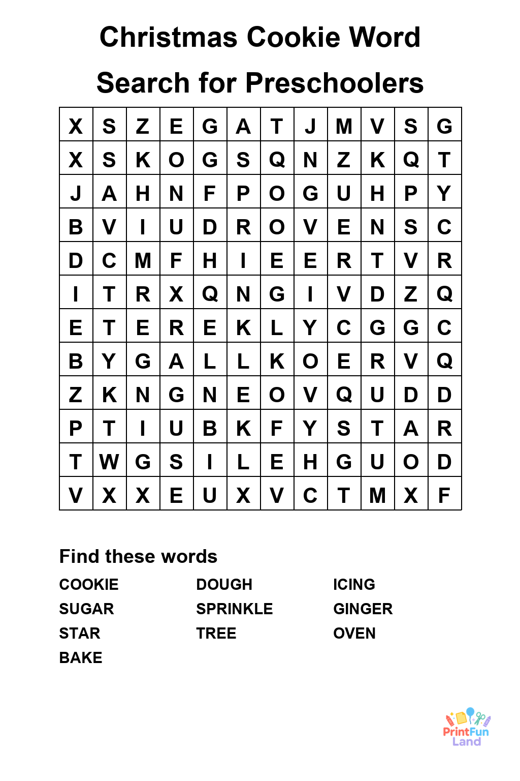 Christmas Cookie Word Search for Preschoolers printable page 1