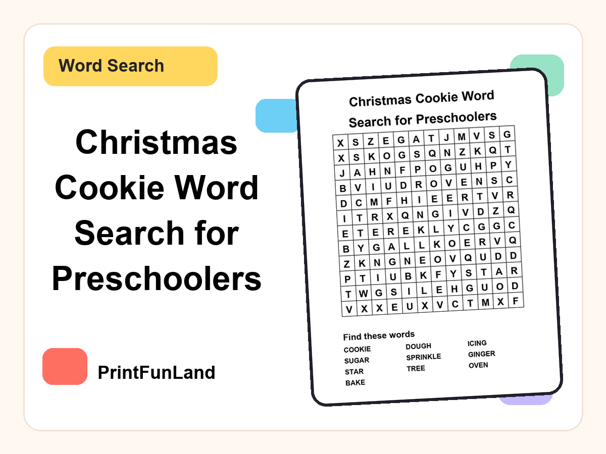 Christmas Cookie Word Search for Preschoolers printable preview