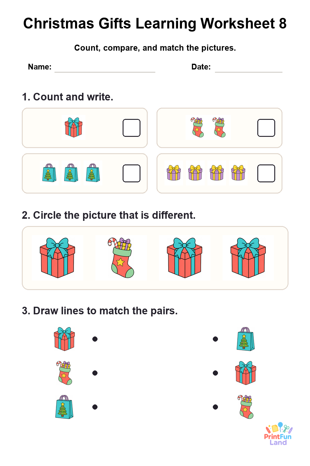 Christmas Gifts Worksheets for Preschoolers printable page 8