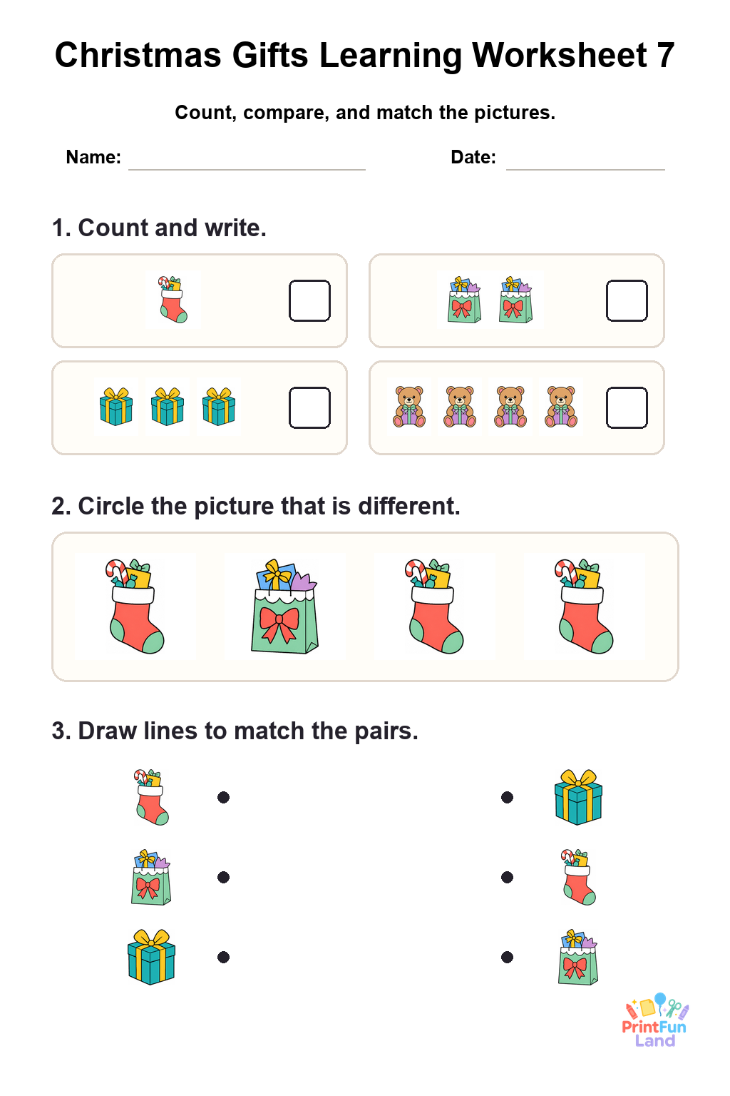Christmas Gifts Worksheets for Preschoolers printable page 7
