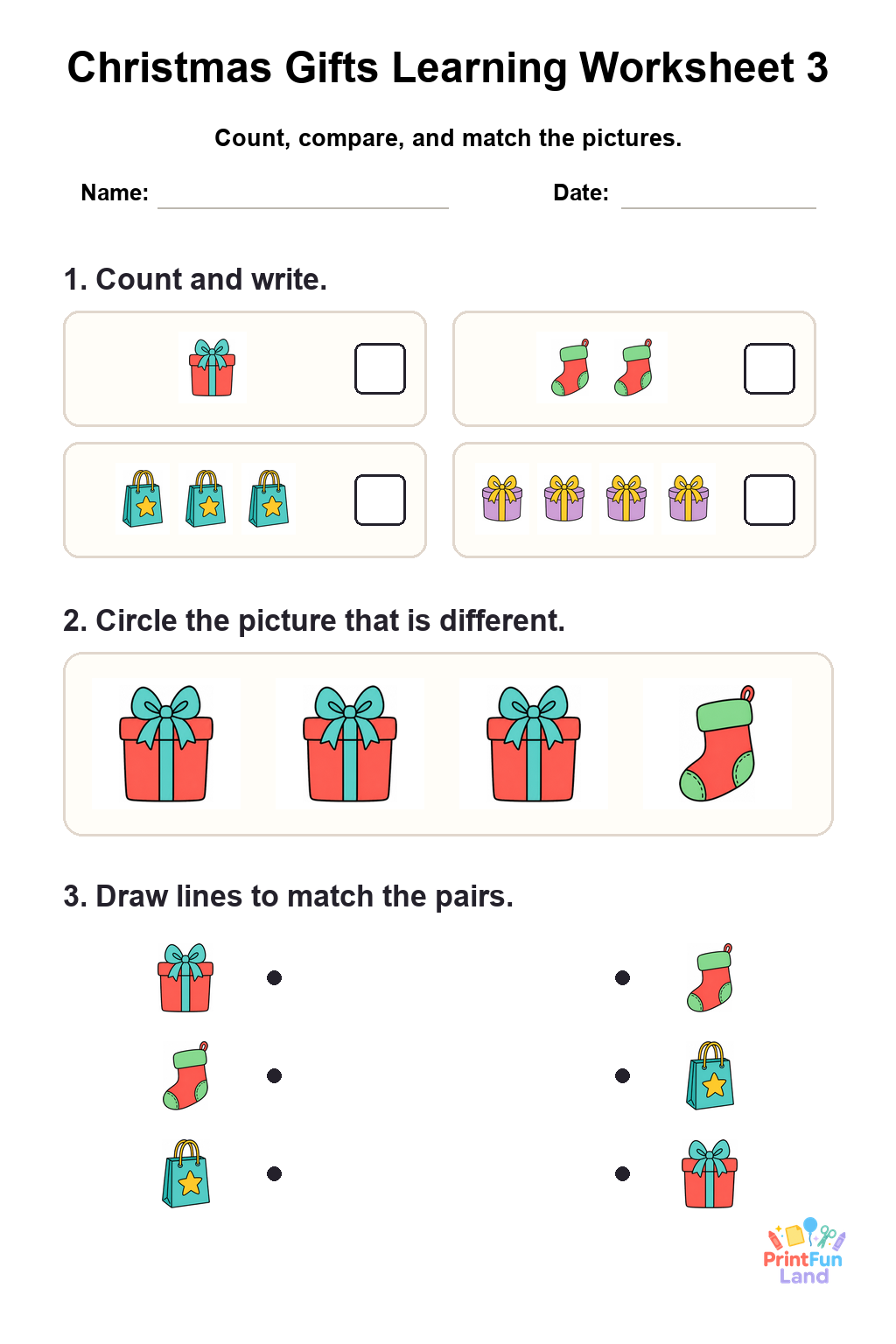 Christmas Gifts Worksheets for Preschoolers printable page 3