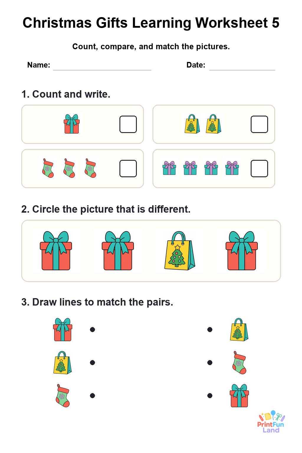 Christmas Gifts Worksheets for Preschoolers printable page 5