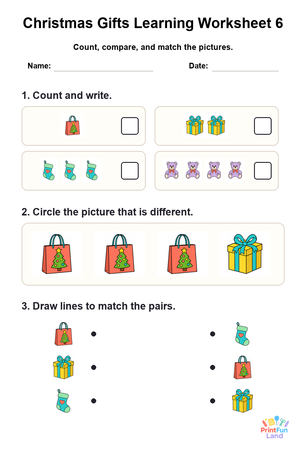 Christmas Gifts Worksheets for Preschoolers printable page 6