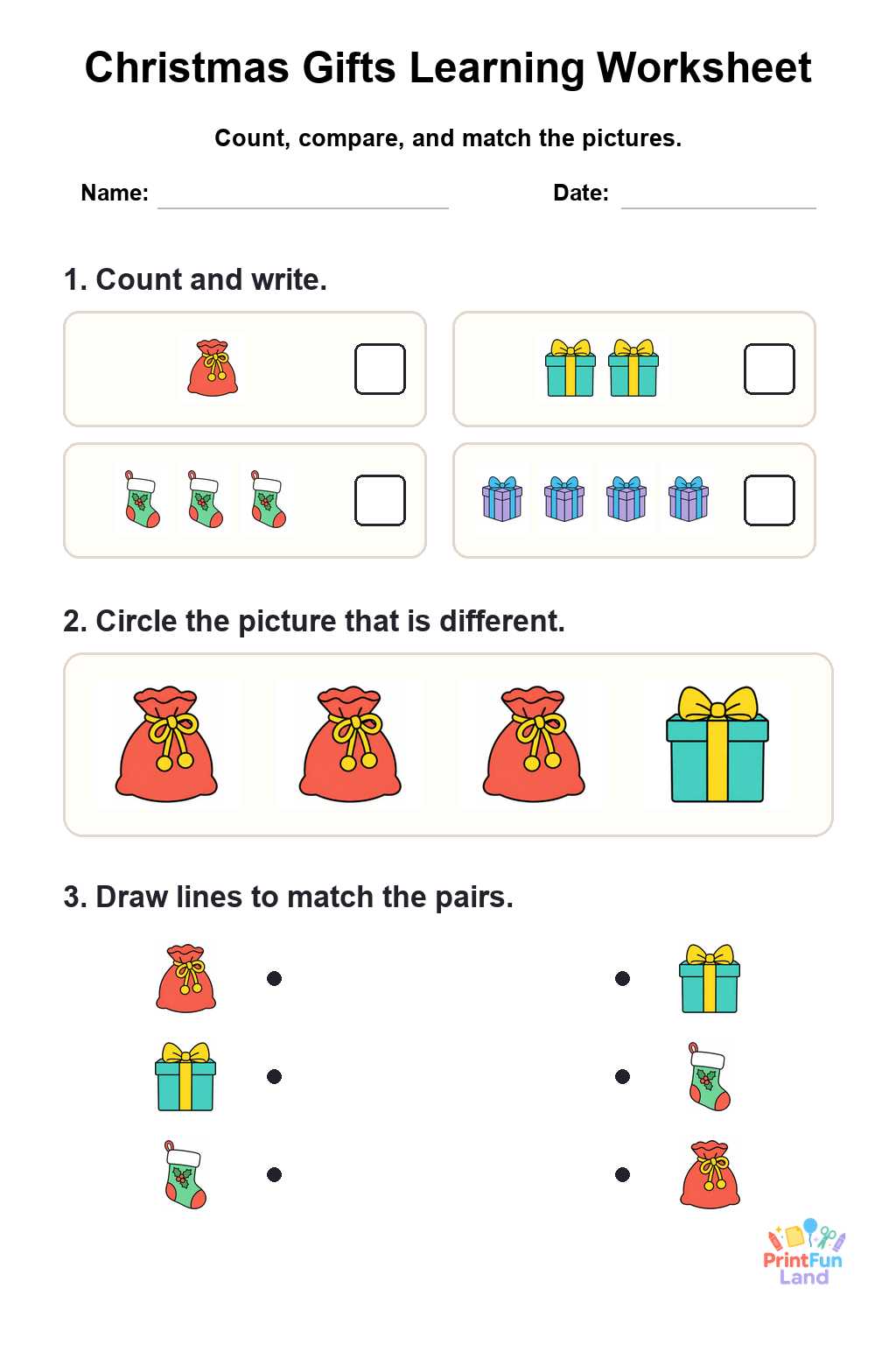 Christmas Gifts Worksheets for Preschoolers printable page 1
