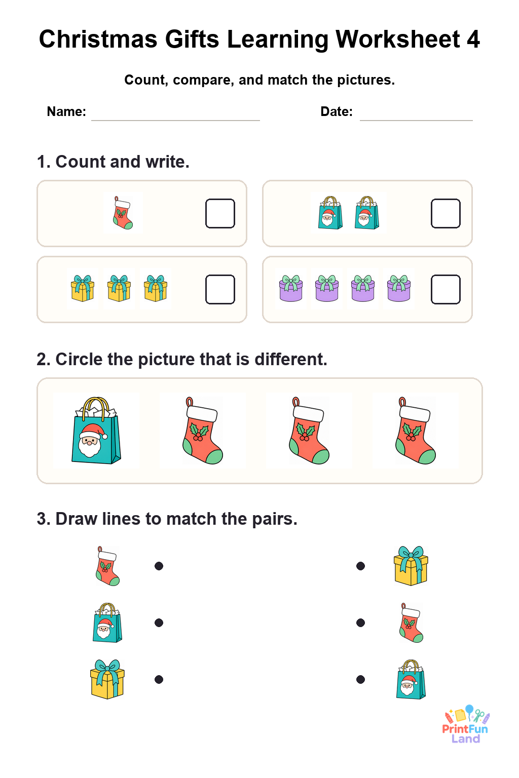 Christmas Gifts Worksheets for Preschoolers printable page 4