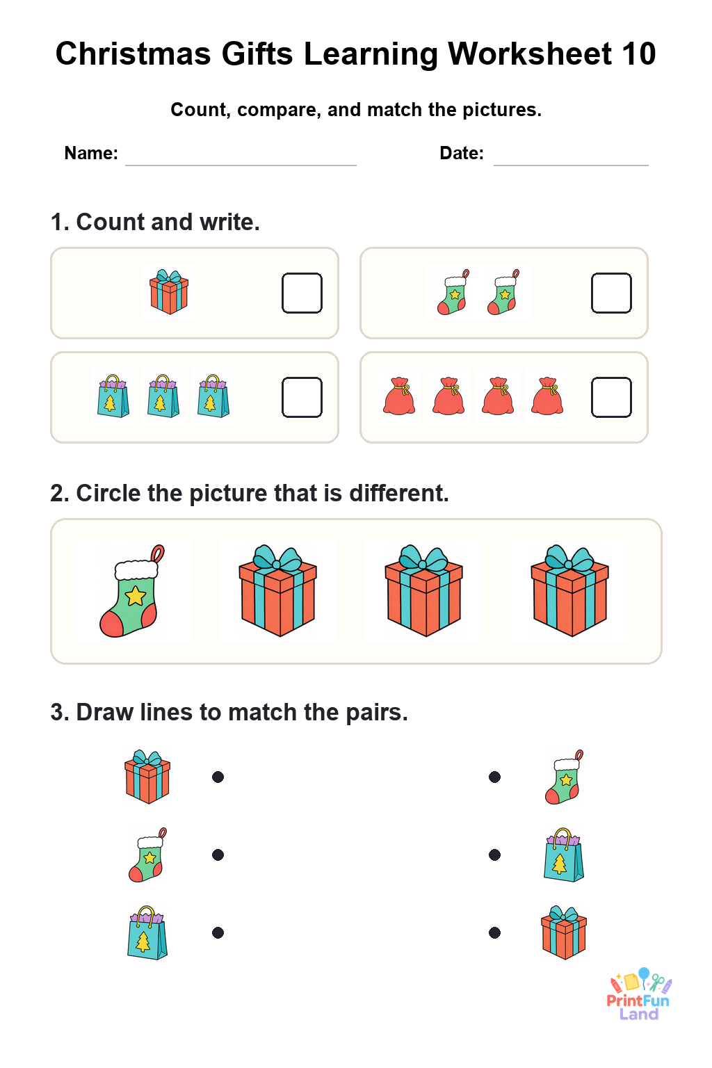 Christmas Gifts Worksheets for Preschoolers printable page 10