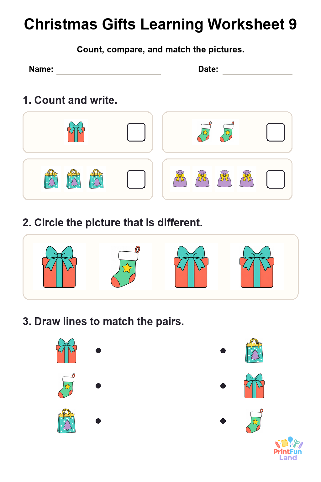 Christmas Gifts Worksheets for Preschoolers printable page 9