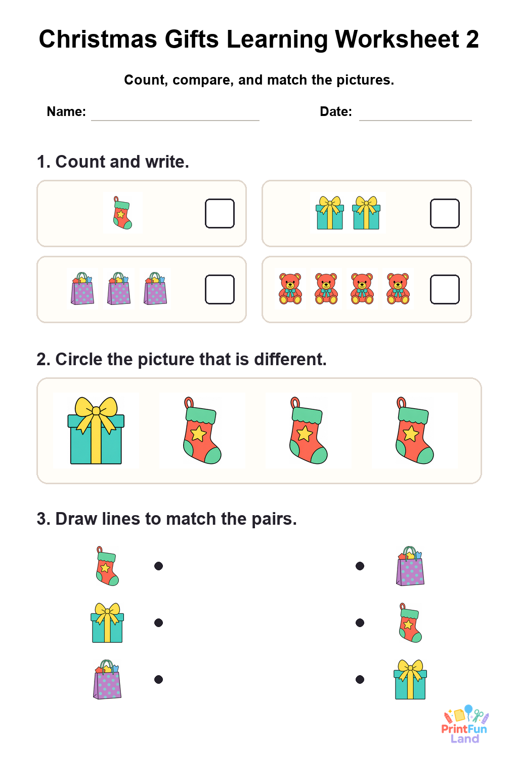 Christmas Gifts Worksheets for Preschoolers printable page 2