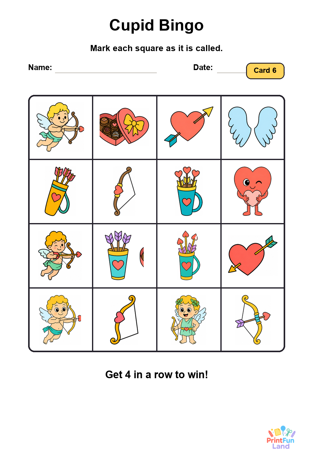 Cupid Bingo for Preschoolers printable page 6