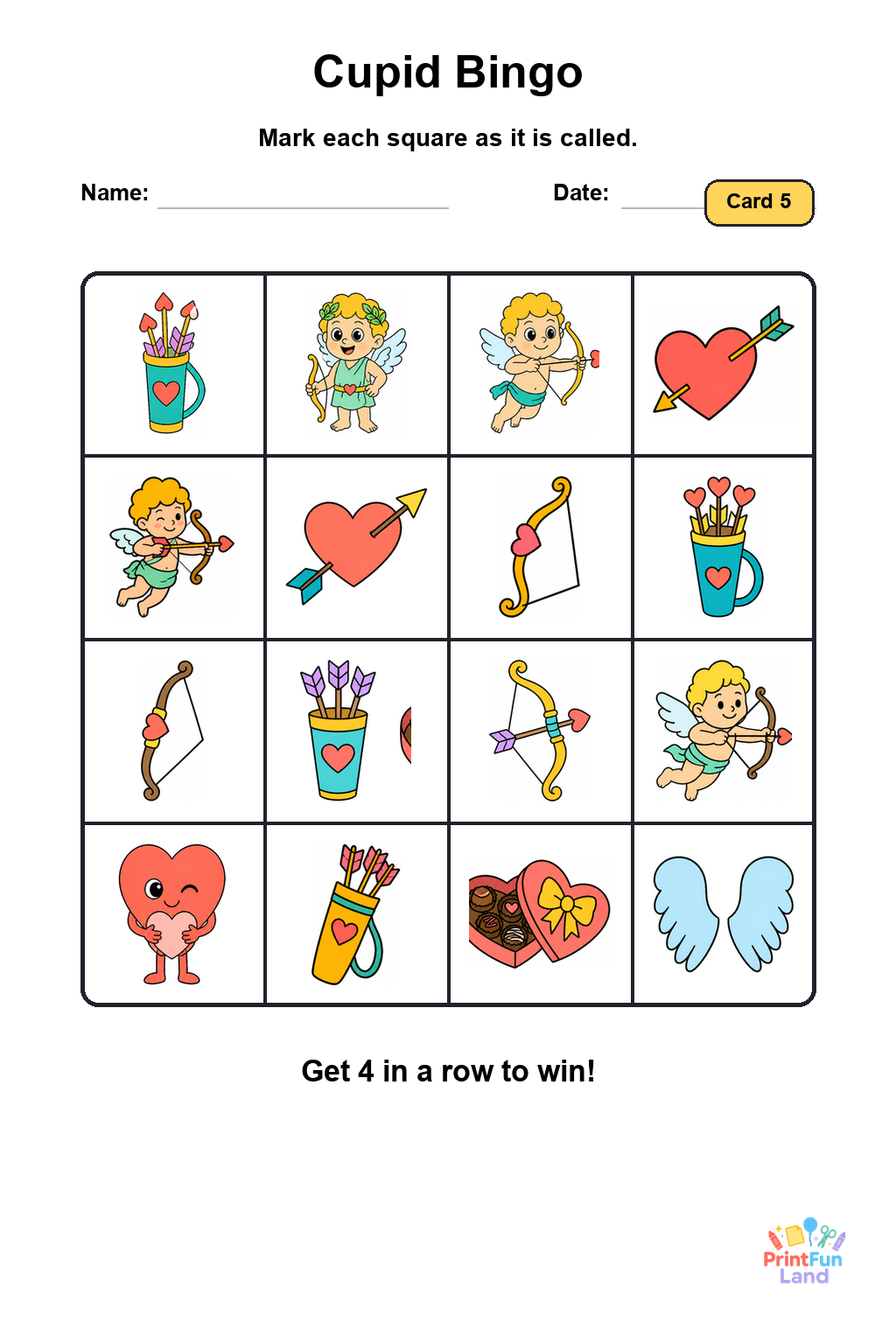 Cupid Bingo for Preschoolers printable page 5