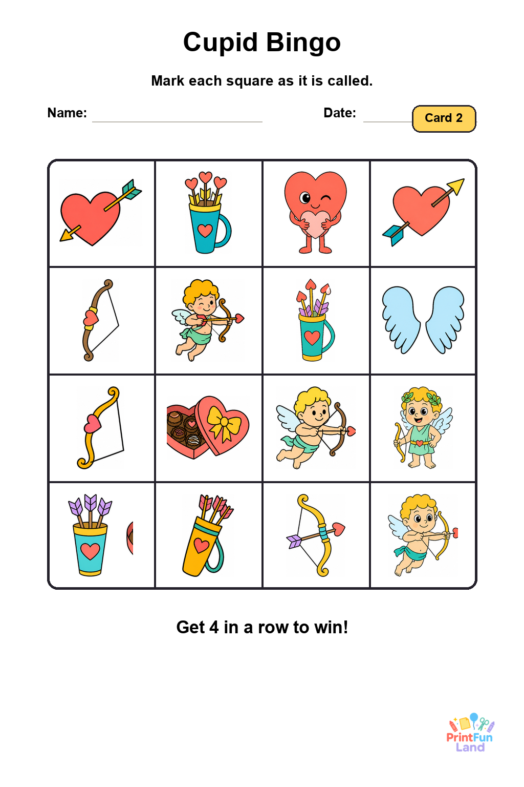 Cupid Bingo for Preschoolers printable page 2