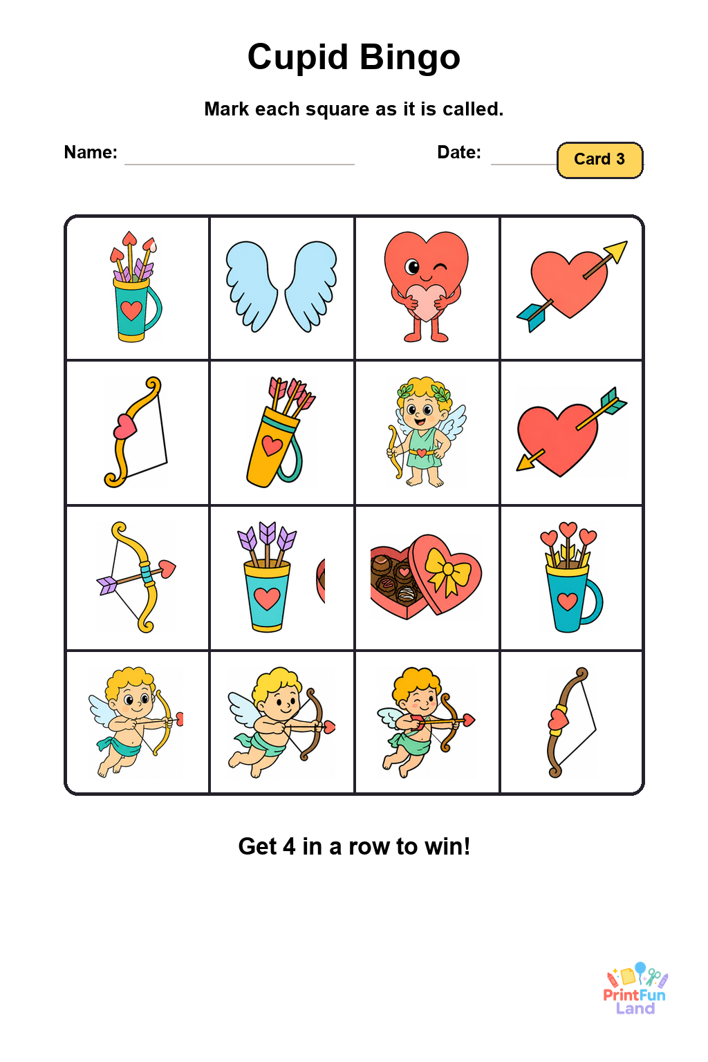Cupid Bingo for Preschoolers printable page 3