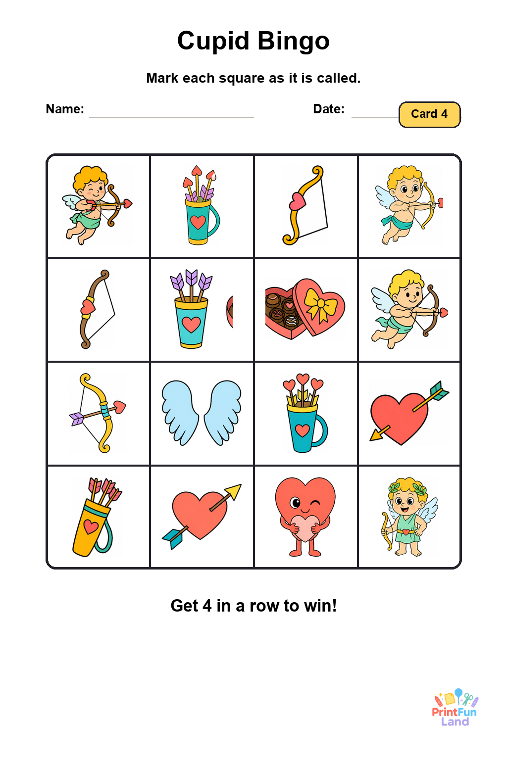 Cupid Bingo for Preschoolers printable page 4