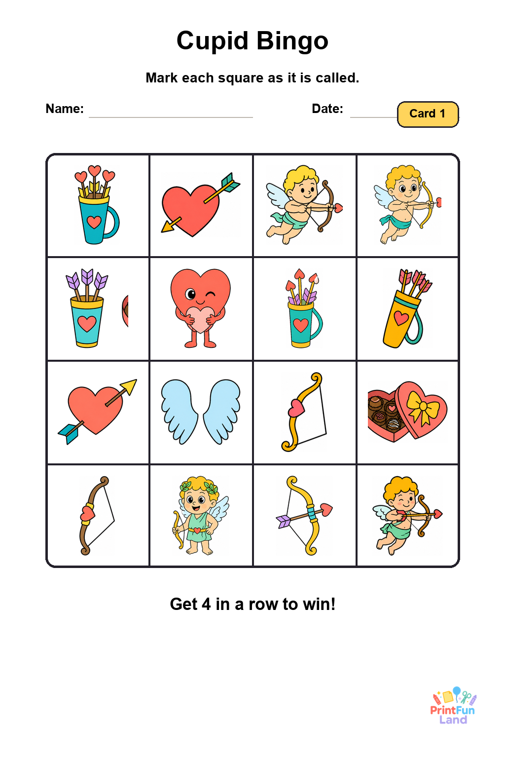 Cupid Bingo for Preschoolers printable page 1