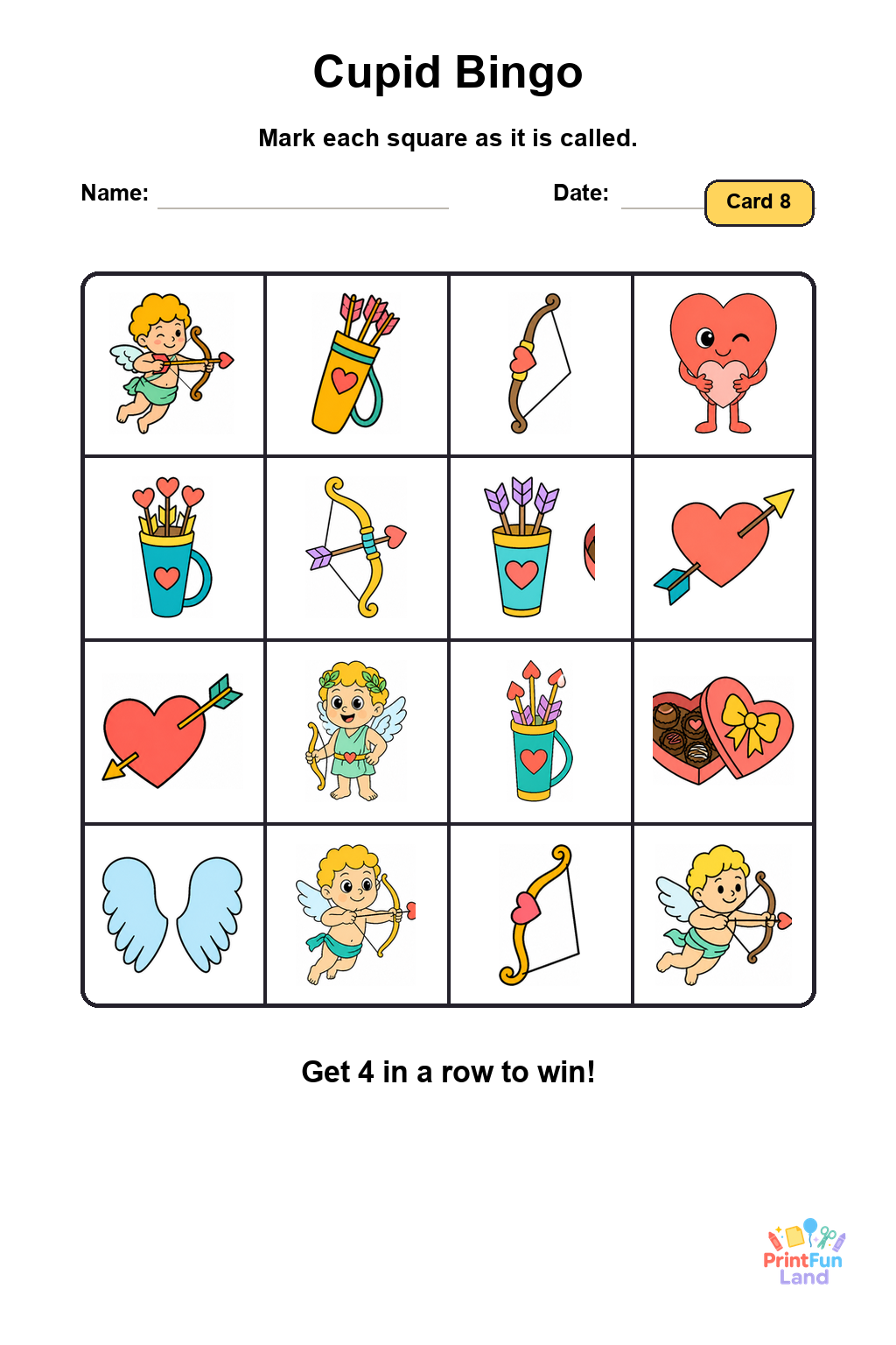 Cupid Bingo for Preschoolers printable page 8