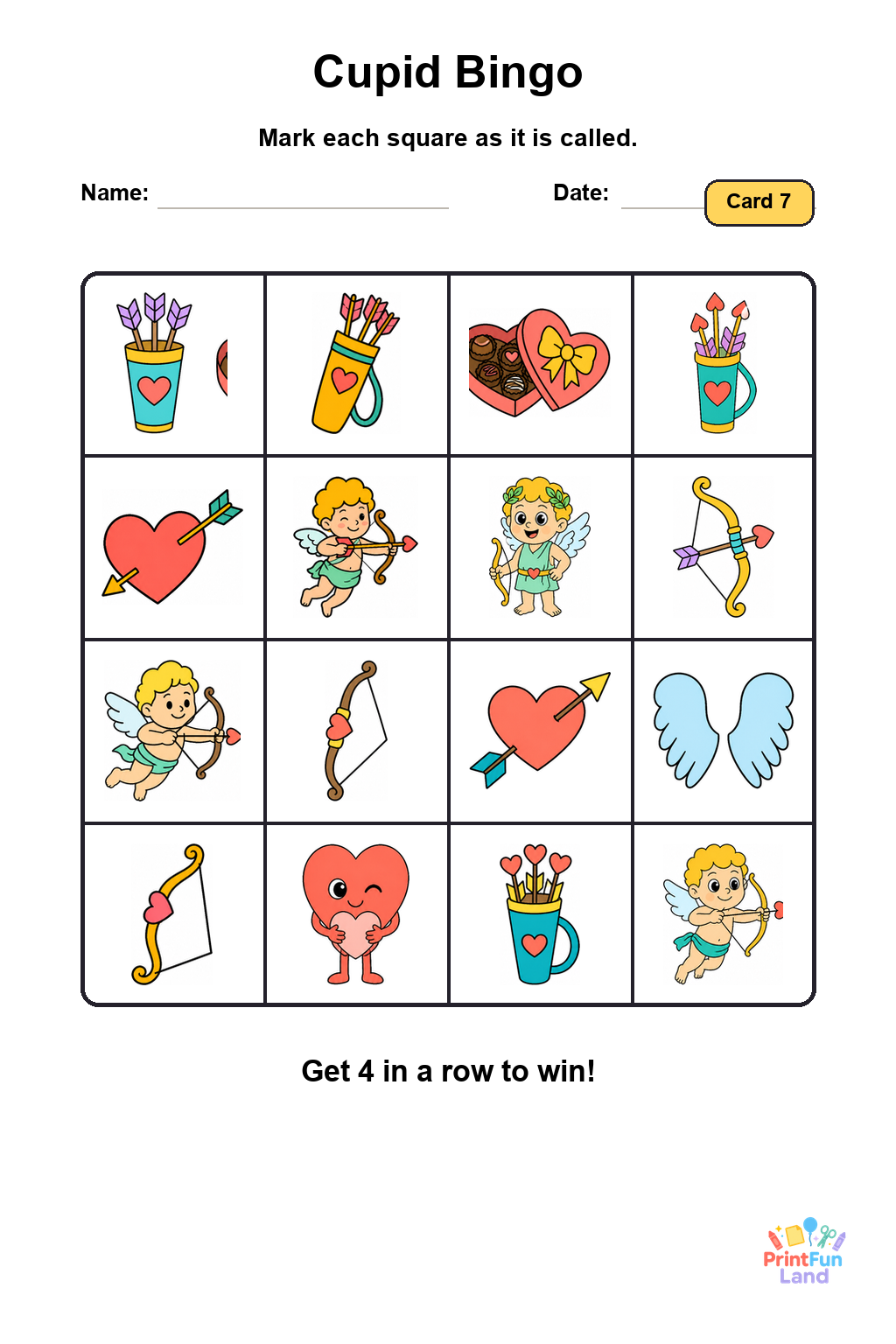 Cupid Bingo for Preschoolers printable page 7