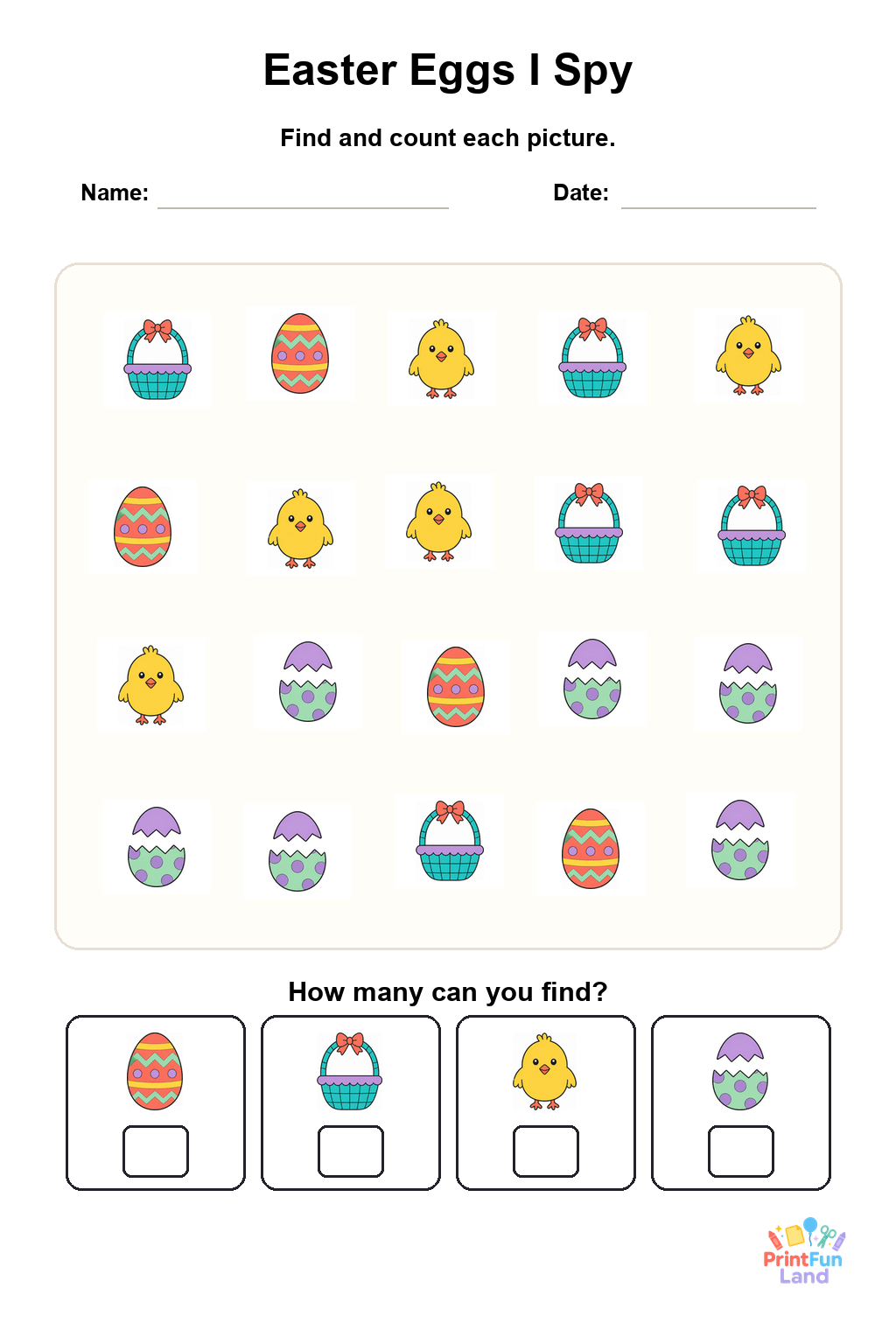 Easter Eggs I Spy for Preschoolers printable page 1
