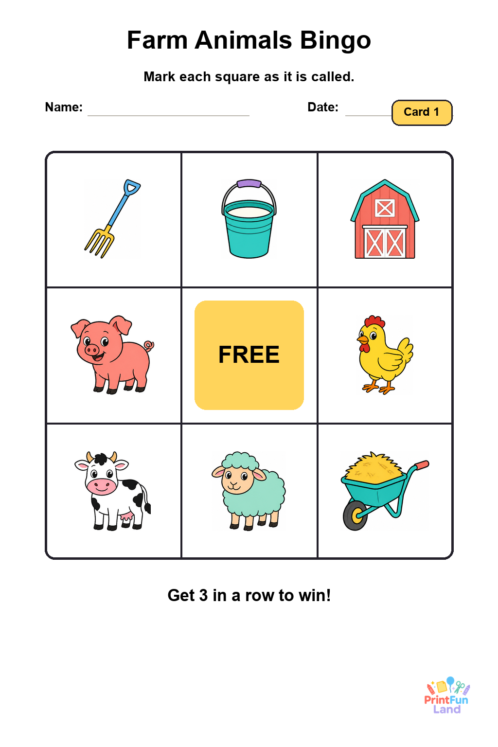 Farm Animals Bingo for Preschoolers printable page 1